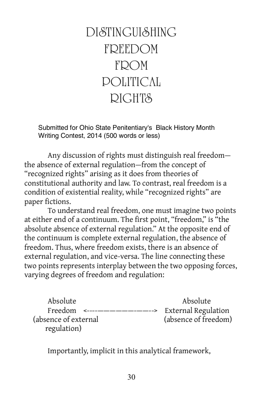 DISTINGUISHING FREEDOM FROM POLITICAL RIGHTS  Submitted for Ohio State Penitentiary’s Black History Month Writing Contest, 2014 (500 words or less)  Any discussion of rights must distinguish real freedom— the absence of external regulation—from the concept of “recognized rights” arising as it does from theories of constitutional authority and law. To contrast, real freedom is a condition of existential reality, while “recognized rights™ are paper fictions.  To understand real freedom, one must imagine two points at either end of a continuum, The first point, “freedom,” is “the absolute absence of external regulation.” At the opposite end of the continuum is complete external regulation, the absence of freedom. Thus, where freedom exists, there is an absence of external regulation, and vice-versa. The line connecting these two points represents interplay between the two opposing forces, varying degrees of freedom and regulation:  Absolute Absolute Freedom < > External Regulation  (absence of external (absence of freedom) regulation)  Importantly, implicit in this analytical framework,  30 